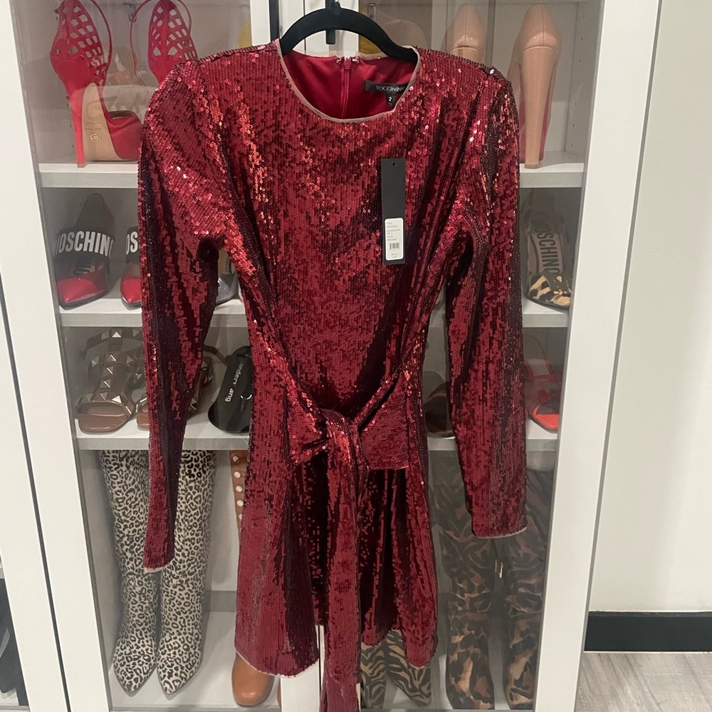 TOCCIN NEW YORK RED Sequins LONGSLEEVE BODYCON COCKTAIL DRESS NEW $495 PROM